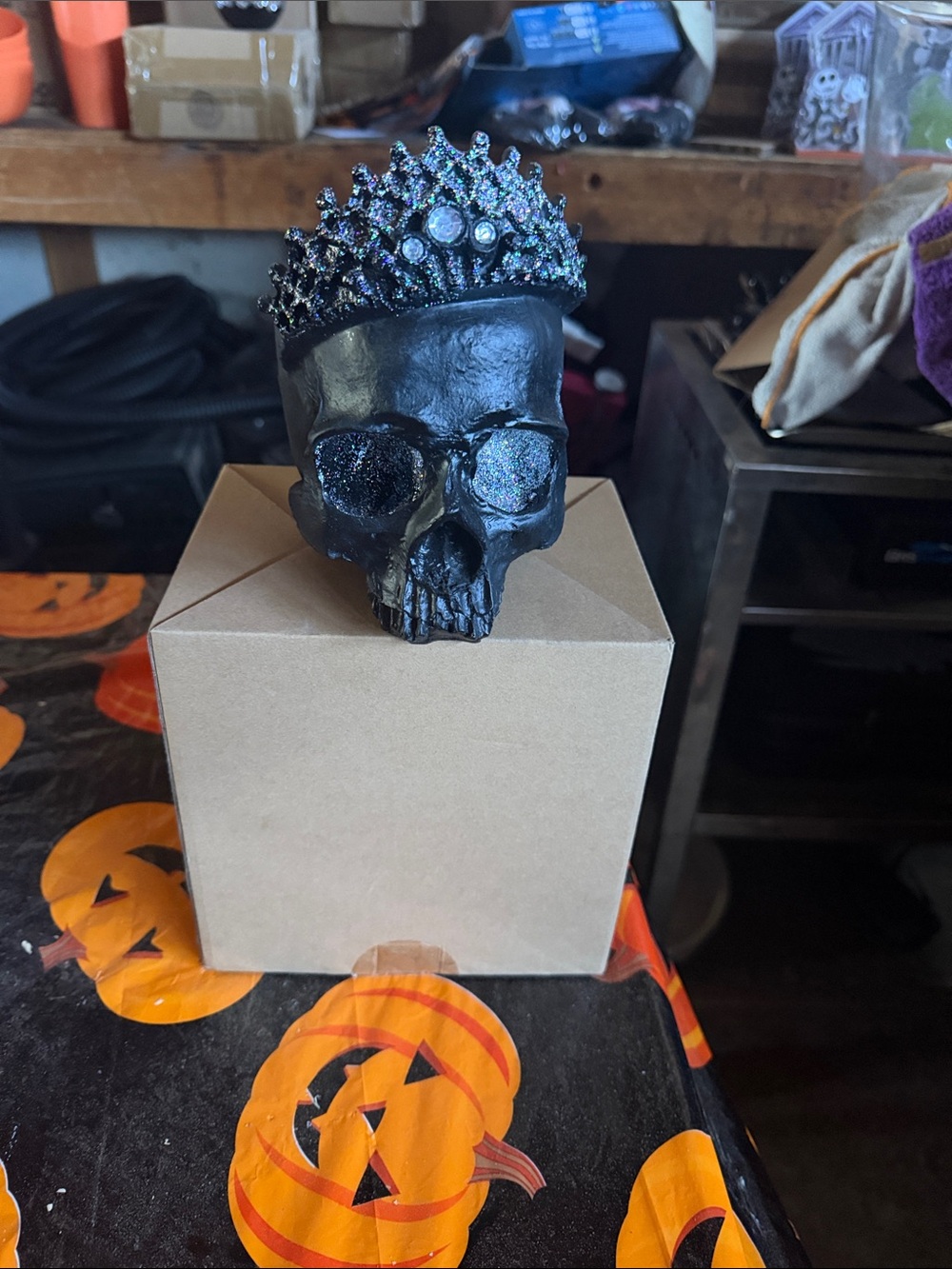 Black Decorative Skull with Jeweled Crown - Home Art Accent